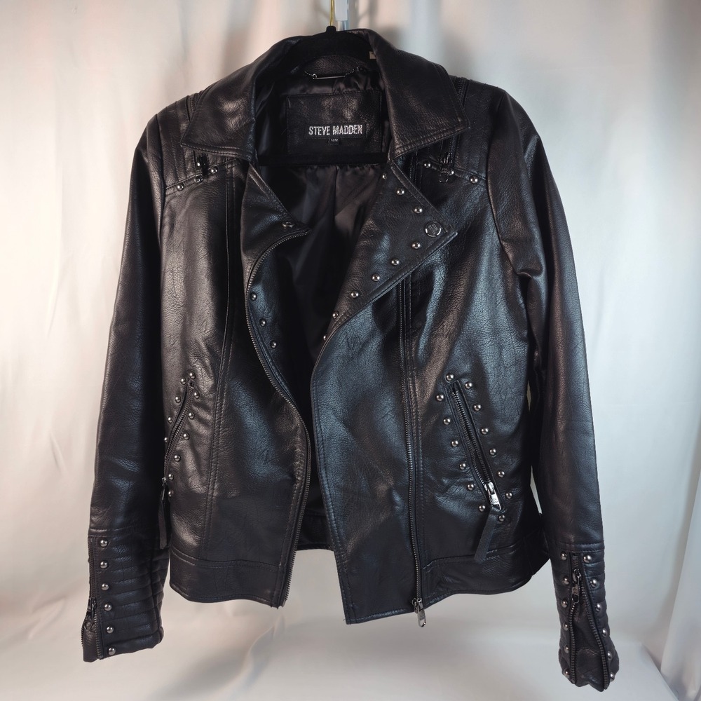 Steve Madden Womens Black Studded Faux Leather Moto Biker Jacket Asym M/M